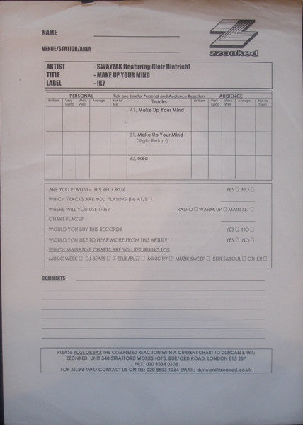 Swayzak Featuring Clair Dietrich : Make Up Your Mind (12", EP, Promo, W/Lbl)